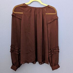Ann Taylor Blouse Long Sleeve Ruffle Ballon Sleeve Lined Deep Purple Small Dolly